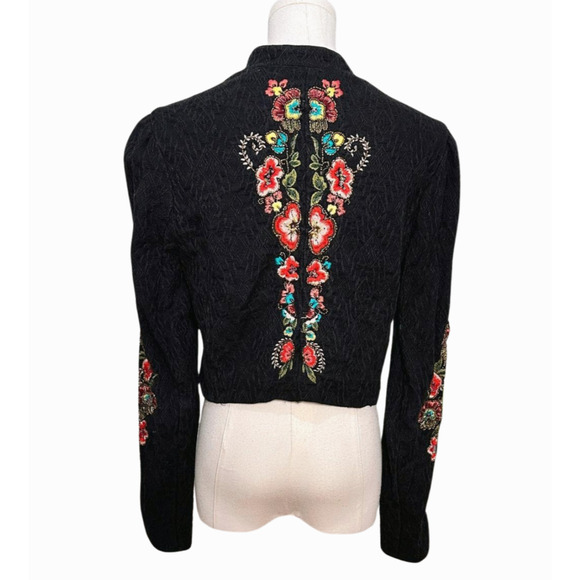 Bershka Black Beaded Embroidered Cropped Cotton Jacket Medium Boho - Picture 6 of 11